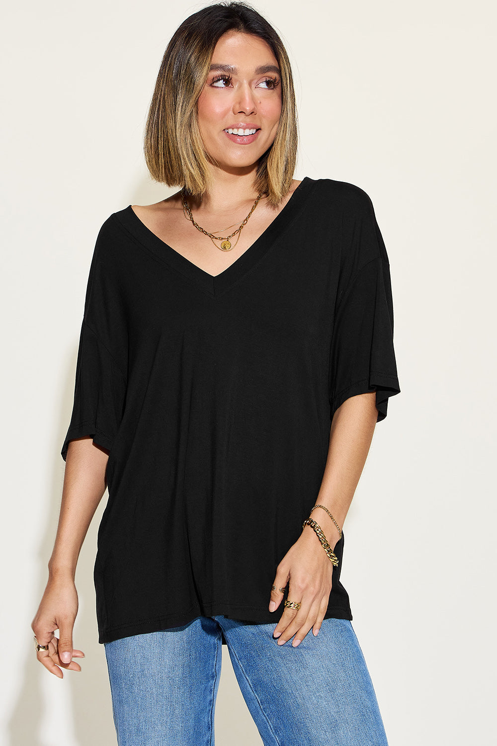 Basic Bae Full Size Bamboo V-Neck Drop Shoulder T-Shirt-Jewearrings