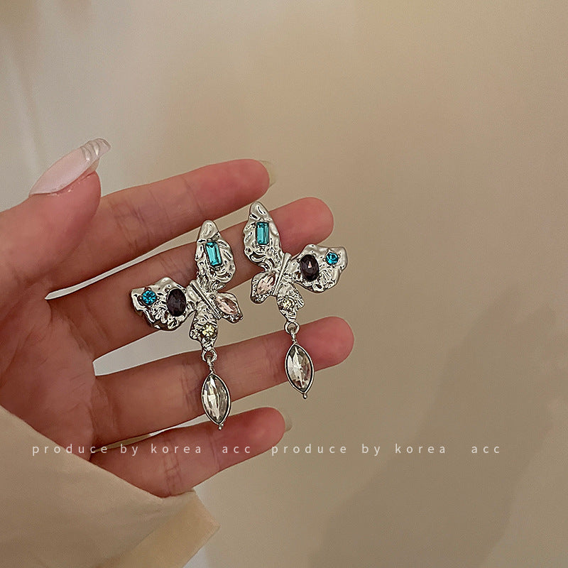 Silver Needle Crystal Butterfly Earrings Korean Design Small And Exquisite-Jewearrings