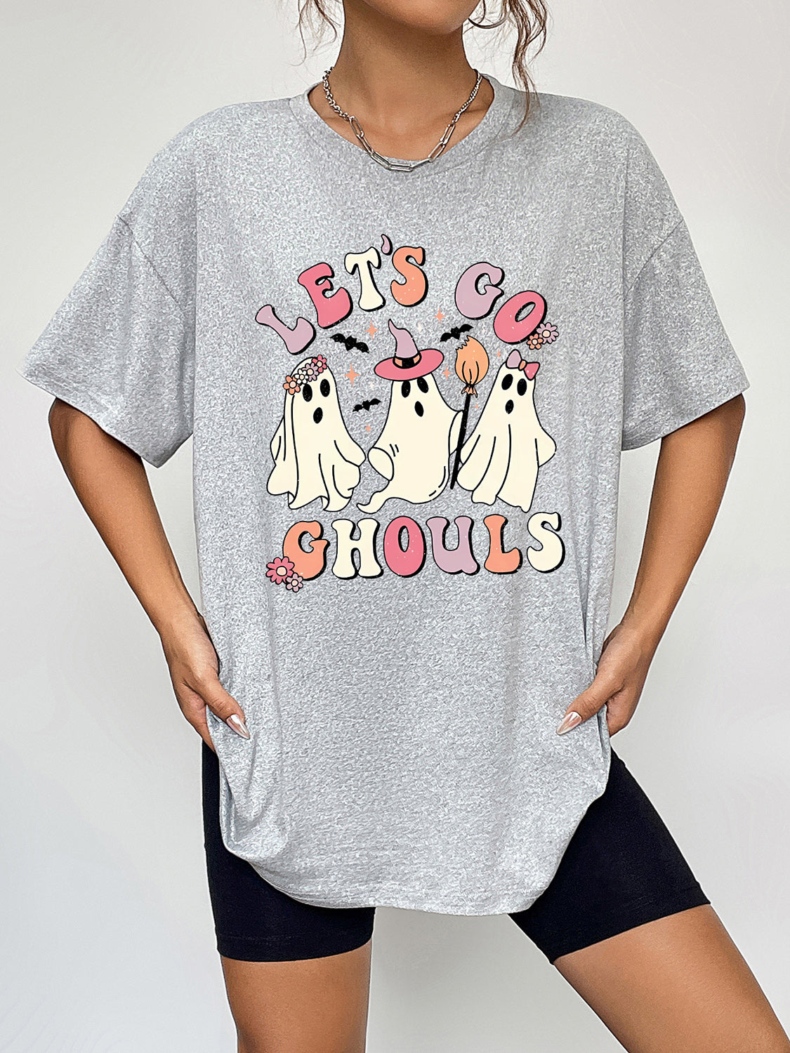 Round Neck Short Sleeve LET'S GO GHOULS Graphic T-Shirt-Jewearrings