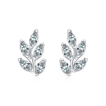 Women's Sterling Silver Fashion Leaf Stud Earrings With Diamonds-Jewearrings