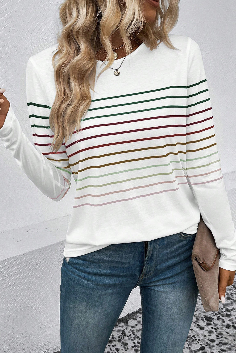 Striped Round Neck Long Sleeve T-Shirt-Jewearrings