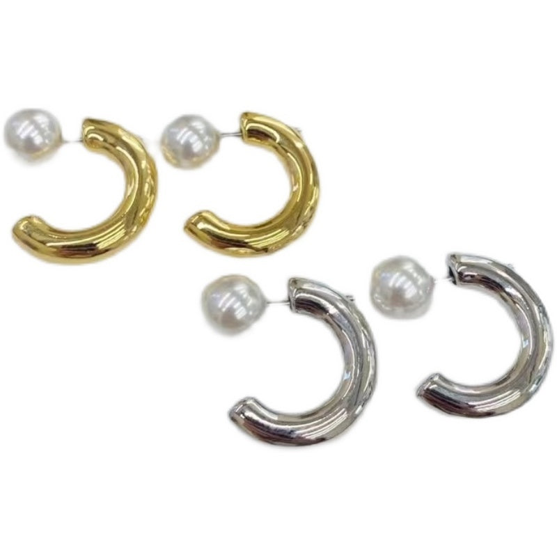 Ladies Pearl Circle Back Hanging Niche Stud Earrings-Jewearrings