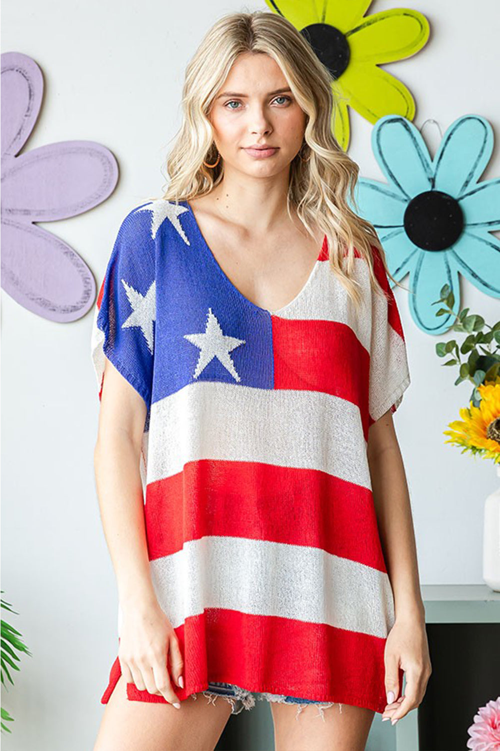 First Love Full Size USA Flag Drop Shoulder Knit Top-Jewearrings