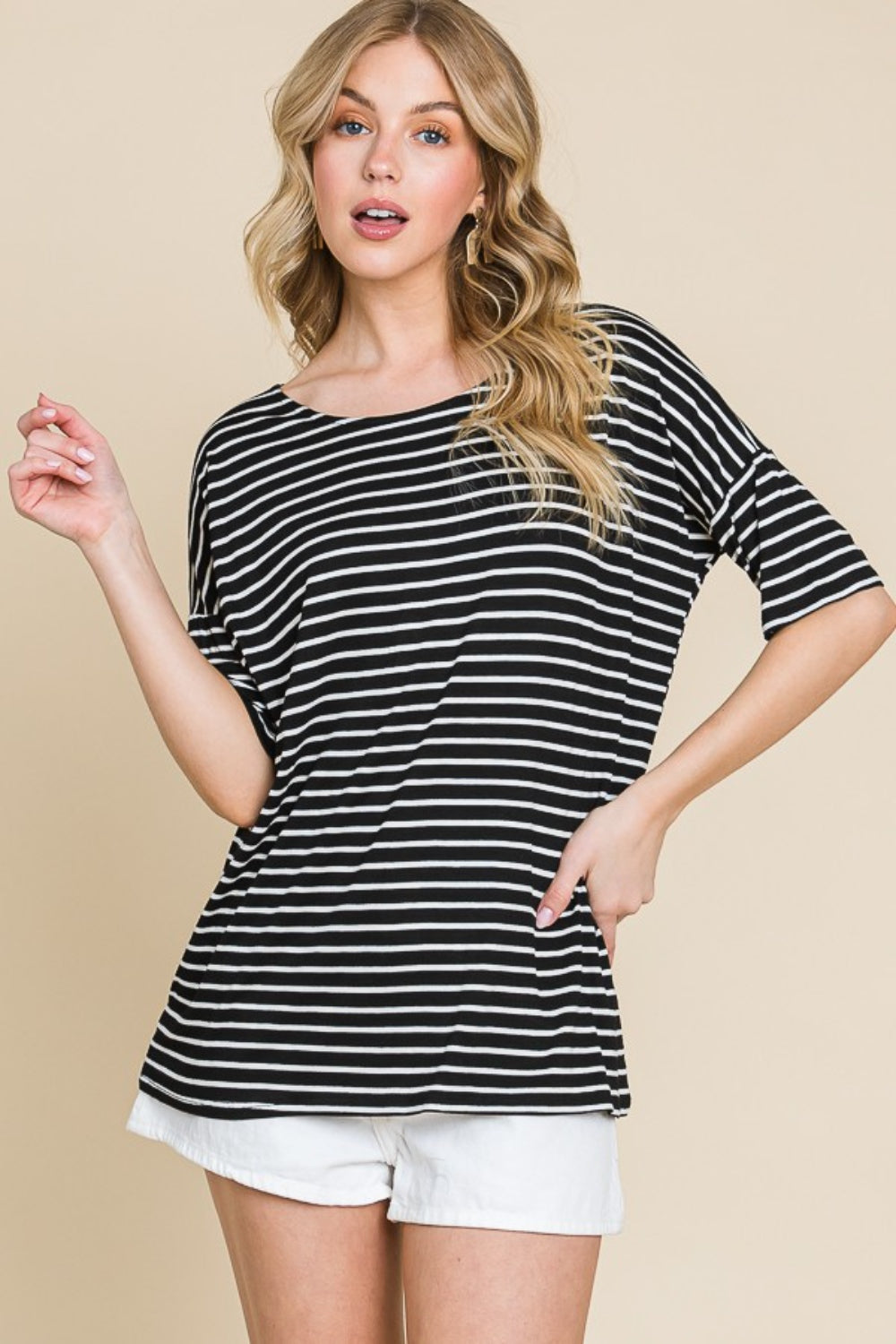 BOMBOM Striped Round Neck T-Shirt-Jewearrings