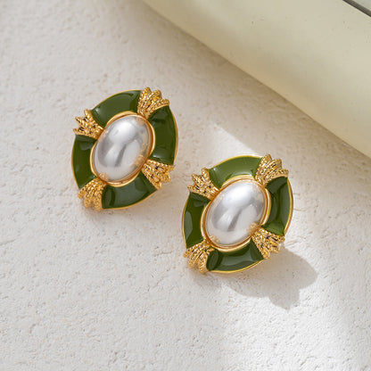 Temperament Entry Lux Enamel Dripping Vintage Pearl Earrings-Jewearrings