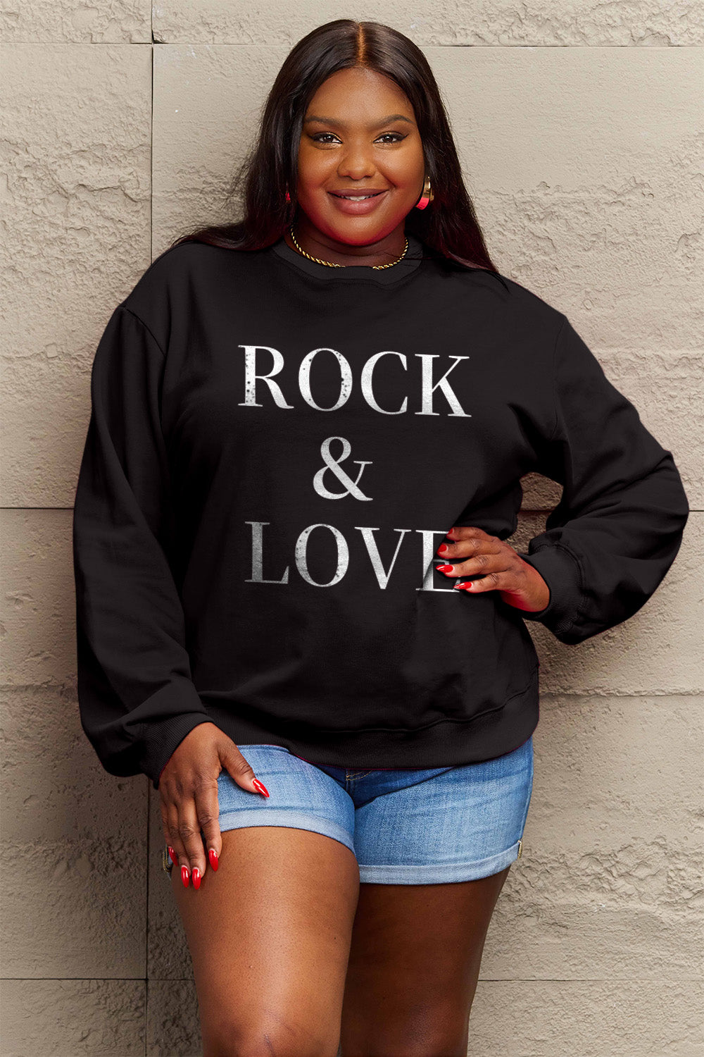 Simply Love Full Size ROCK ＆ LOVE Round Neck Sweatshirt-Jewearrings