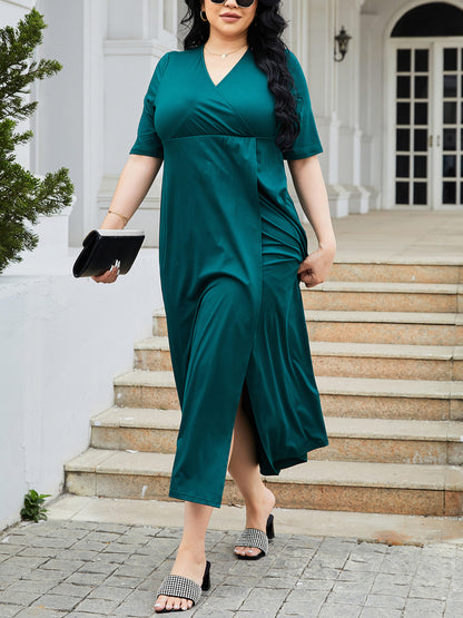 Plus Size Slit Surplice Short Sleeve Midi Dress-Jewearrings