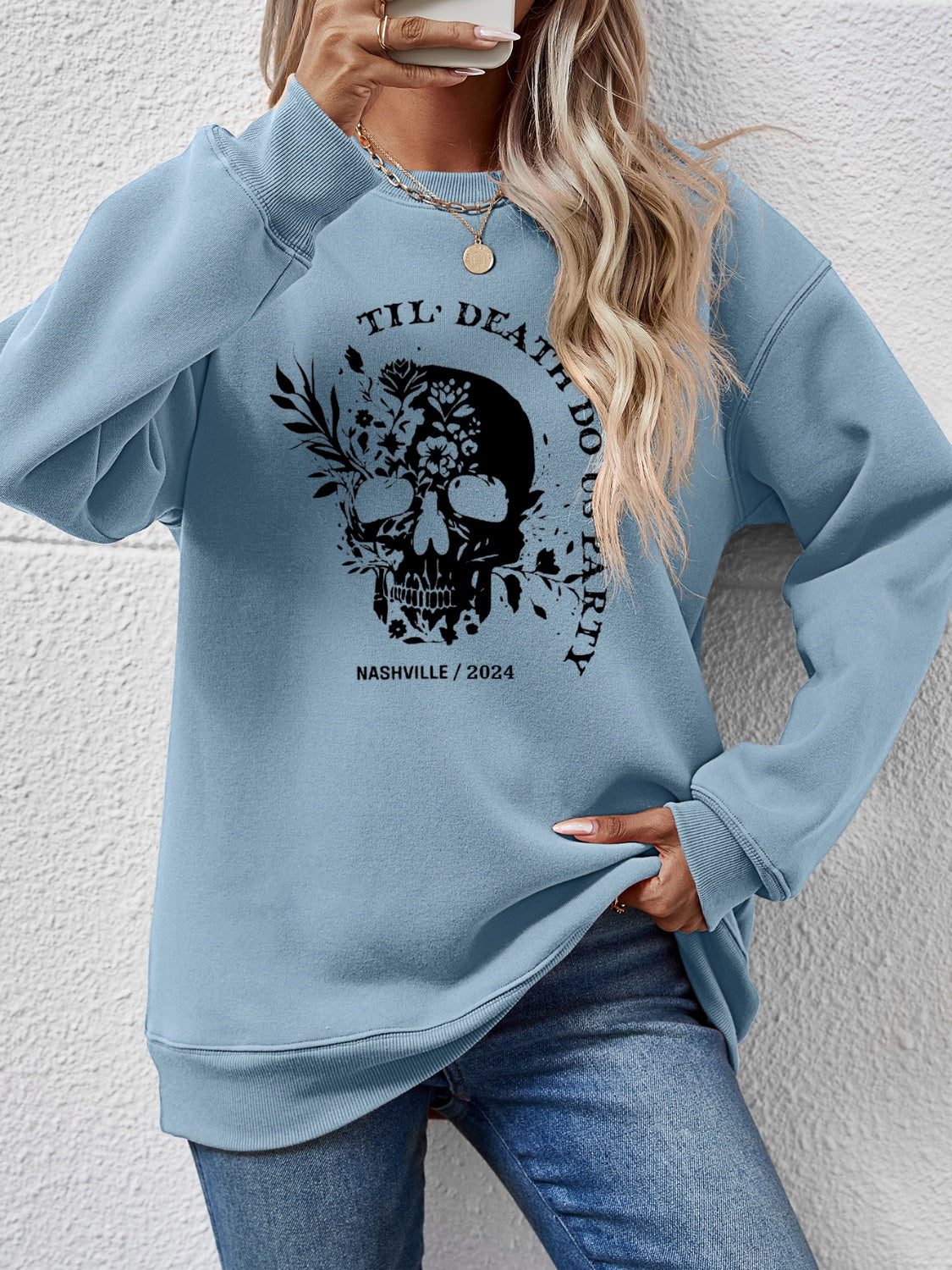 Graphic Round Neck Dropped Shoulder Sweatshirt-Jewearrings