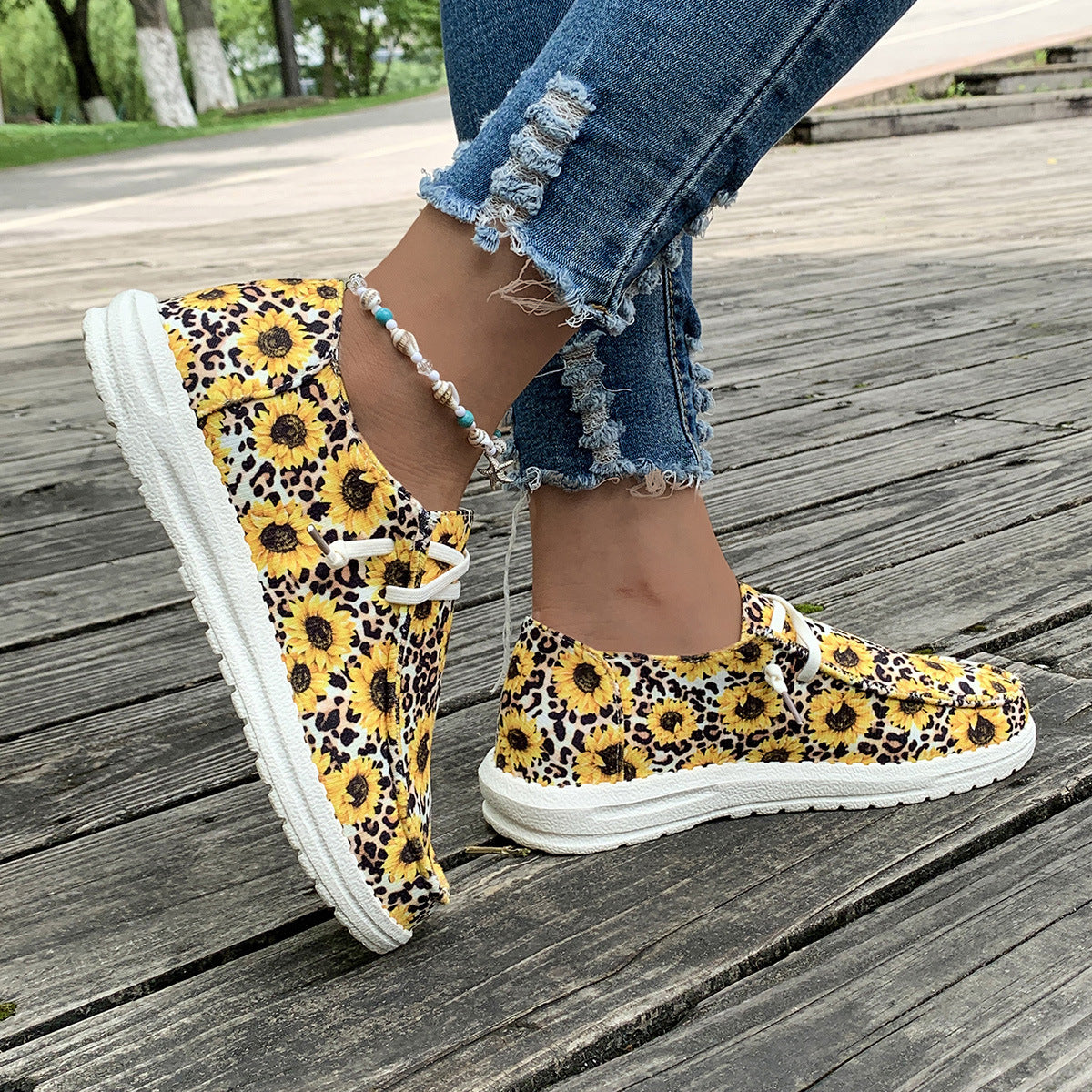 Printed Round Toe Flat Sneakers-Jewearrings