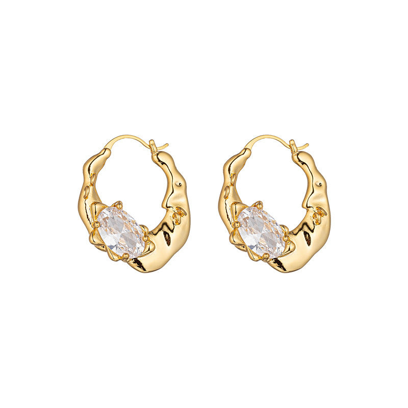 Zircon Irregular Brass Electroplated Real Gold Ear Clip Small High Sense Retro French Earrings-Jewearrings