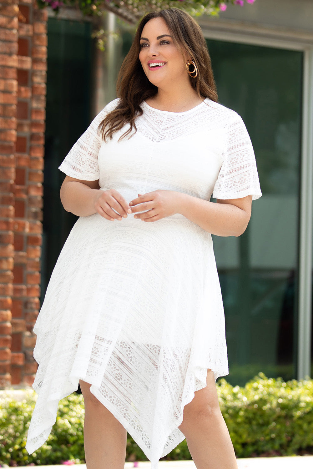 Plus Size Round Neck Short Sleeve Lace Trim Dress-Jewearrings