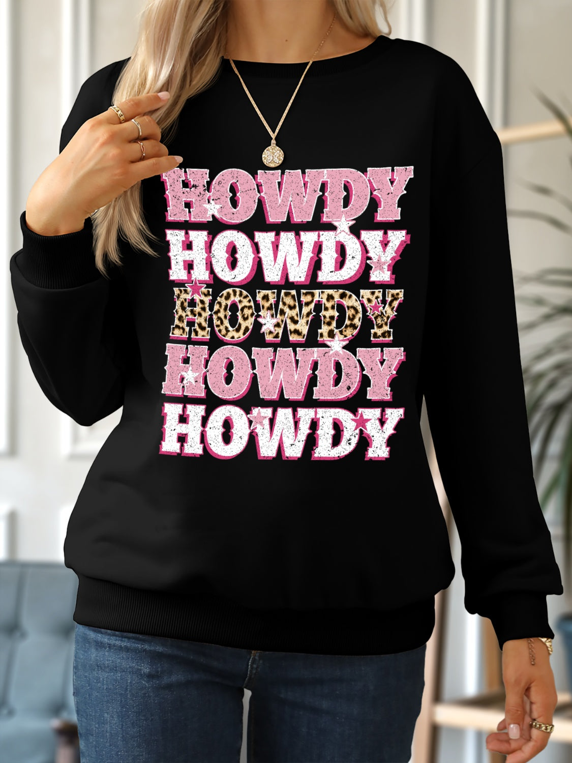 HOWDY Round Neck Dropped Shoulder Sweatshirt-Jewearrings