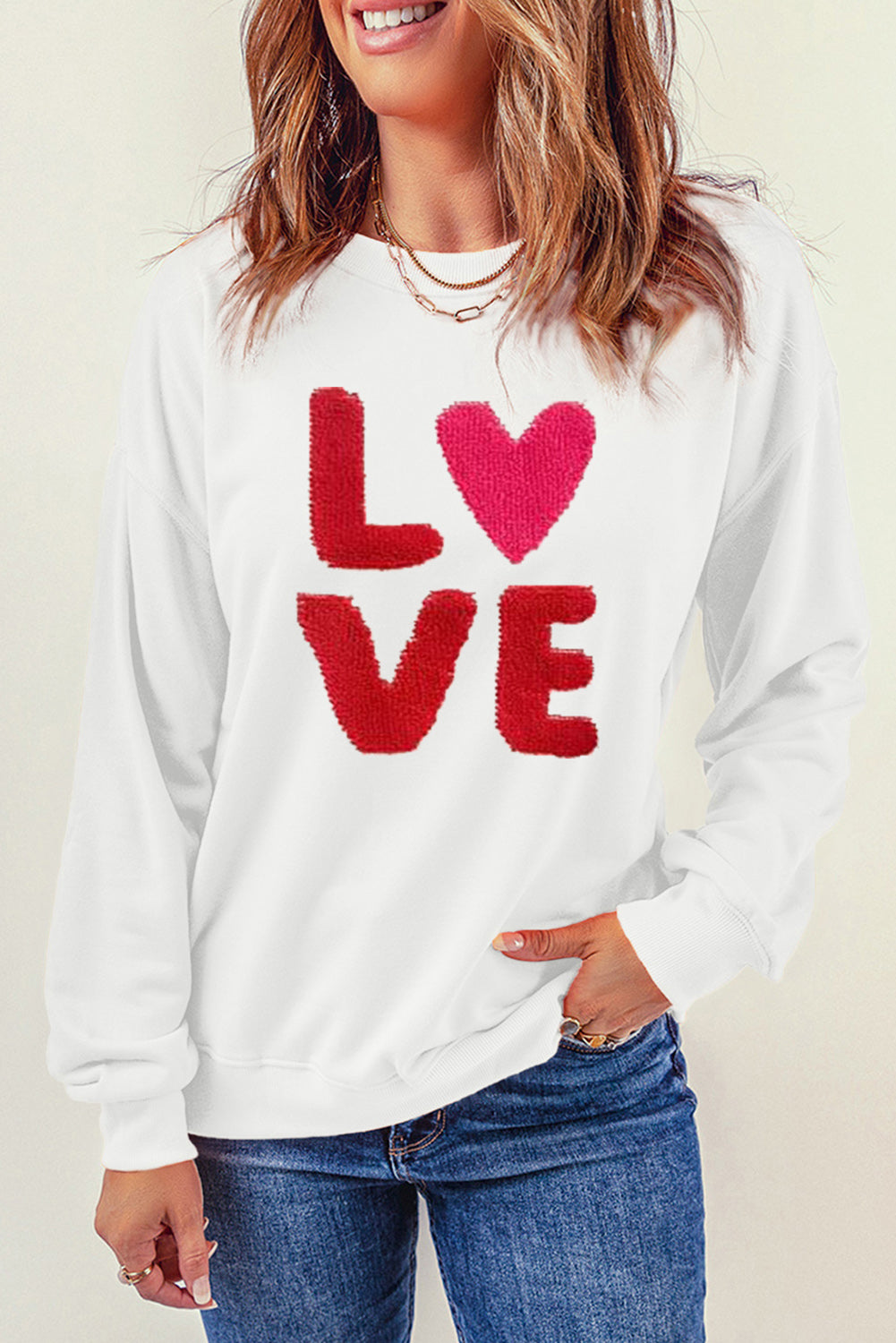 LOVE Embroidered Round Neck Dropped Shoulder Sweatshirt-Jewearrings