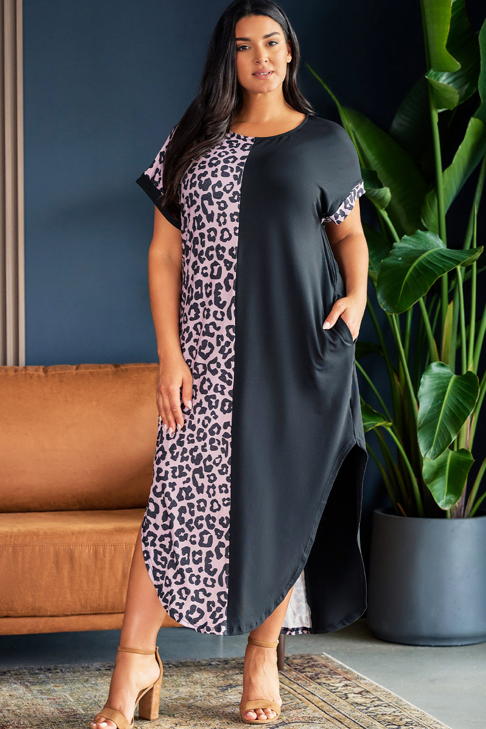 Plus Size Contrast Leopard Short Sleeve Midi Dress-Jewearrings