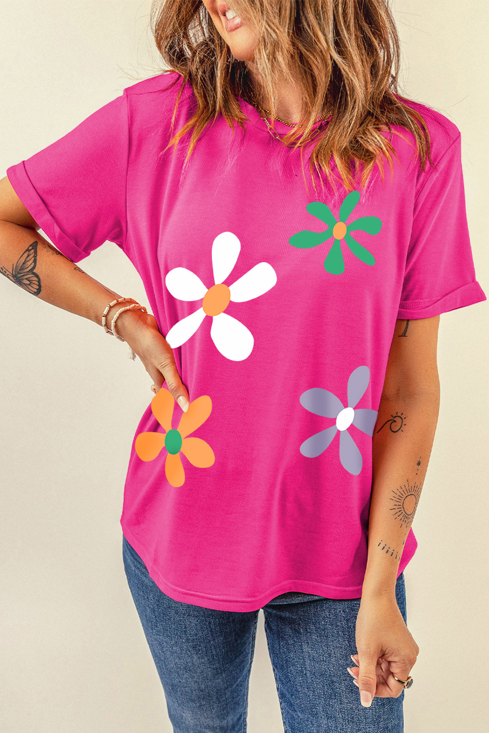 Flower Round Neck Short Sleeve T-Shirt-Jewearrings