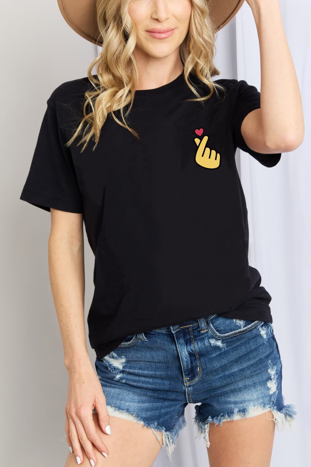 Simply Love Finger Heart Emoji Graphic Cotton T-Shirt-Jewearrings