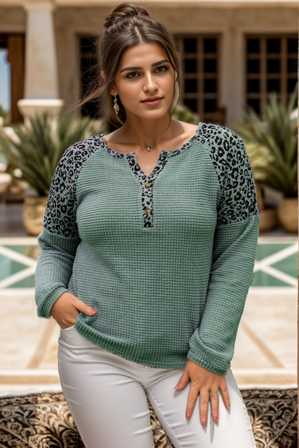 Plus Size Leopard Waffle-Knit Long Sleeve T-Shirt-Jewearrings