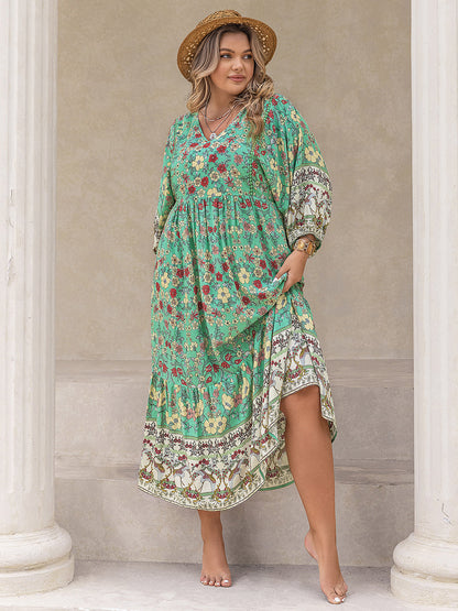 Plus Size Floral V-Neck Balloon Sleeve Midi Dress-Jewearrings