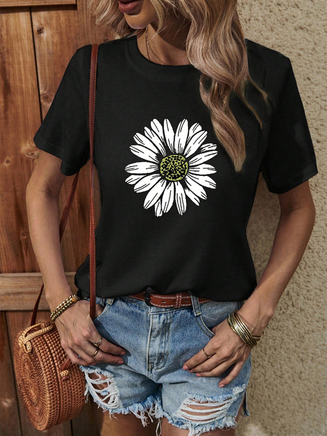 Sunflower Graphic Round Neck T-Shirt-Jewearrings