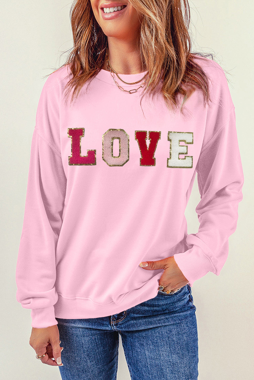 LOVE Patch Round Neck Dropped Shoulder Sweatshirt-Jewearrings