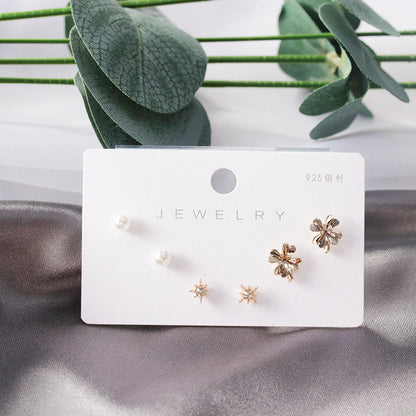 Diamond Gold Small Female Earrings Korean Student Trend Simple Three Pairs Set Earrings-Jewearrings