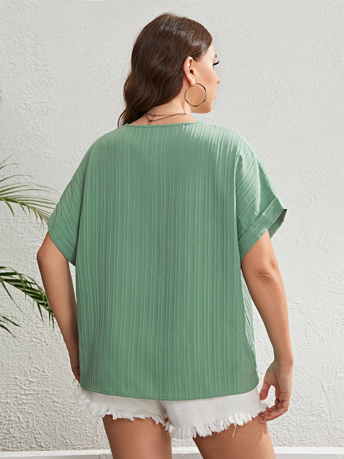 Plus Size Buttoned V-Neck Short Sleeve Top-Jewearrings