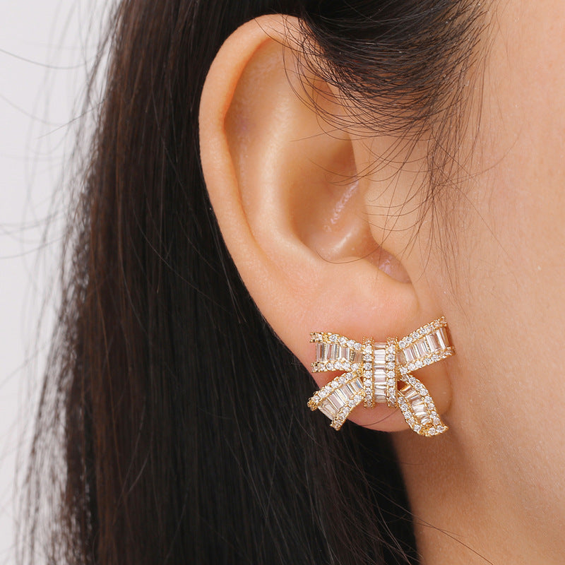 Temperament Bow Knot Zircon Earrings Female Beautiful-Jewearrings