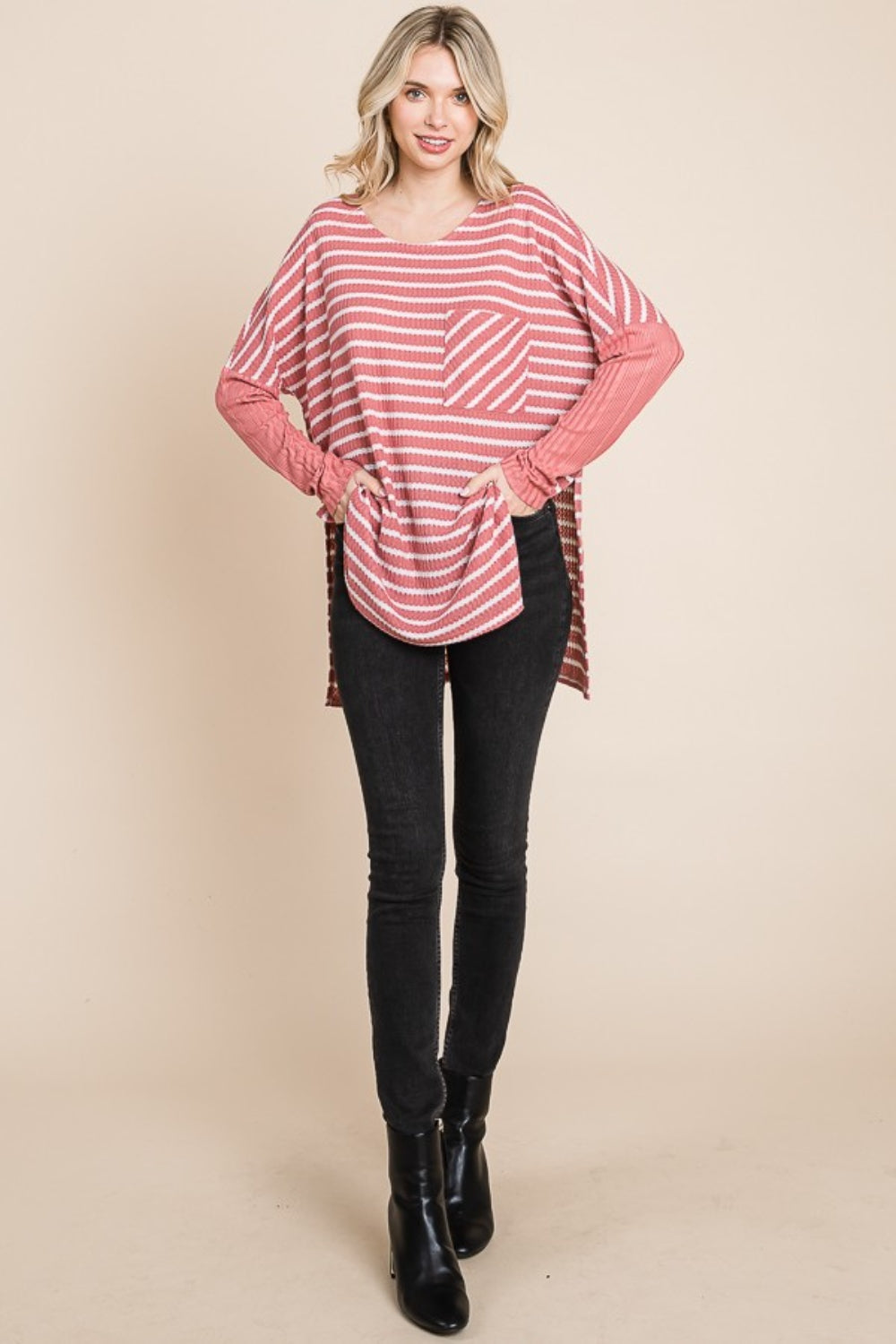 Culture Code Oversize Striped Round Neck Long Sleeve Slit T-Shirt-Jewearrings