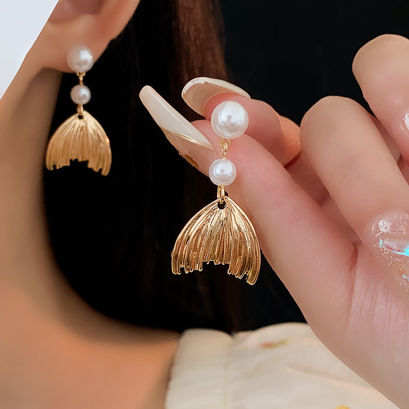 Silver Needle Fishtail Pearl Tassel Simple Earrings-Jewearrings