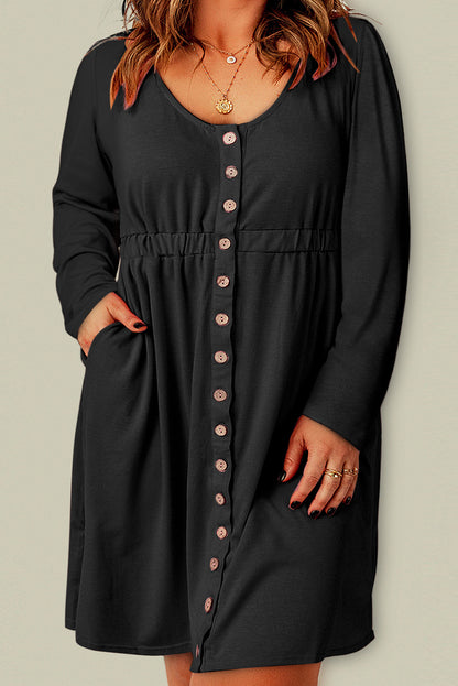 Plus Size Button Front Elastic Waist Long Sleeve Dress-Jewearrings