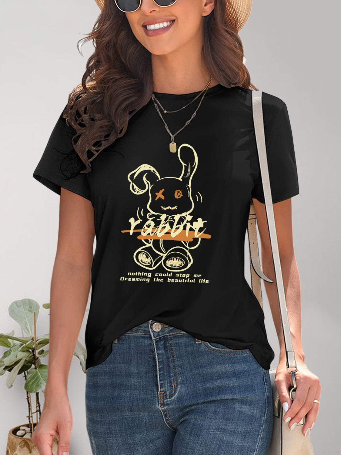 Rabbit Graphic Round Neck Short Sleeve T-Shirt-Jewearrings