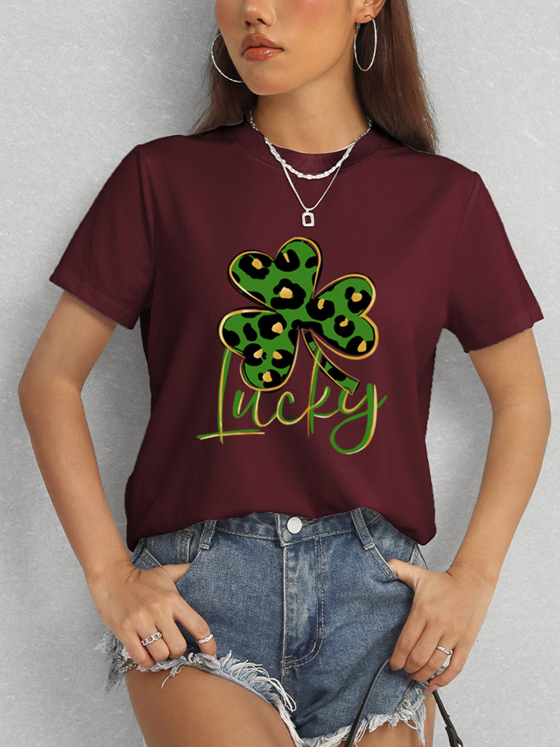 Lucky Clover Round Neck Short Sleeve T-Shirt-Jewearrings