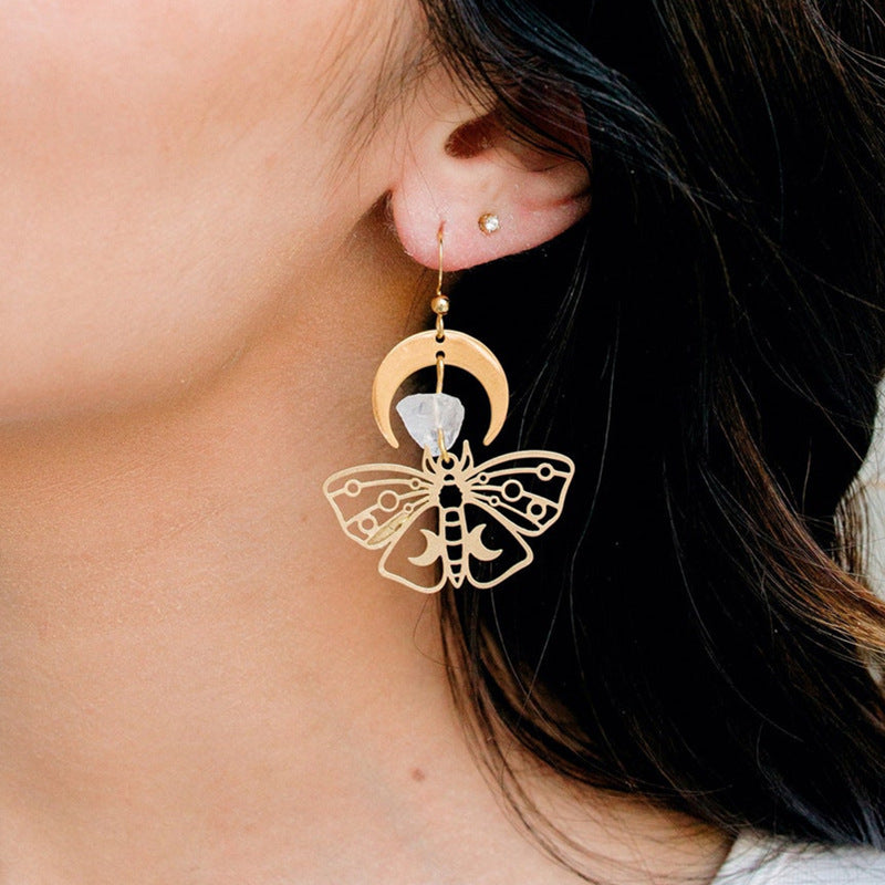 Women's Fashion Gold Plated Moth Moon Drop Earrings-Jewearrings