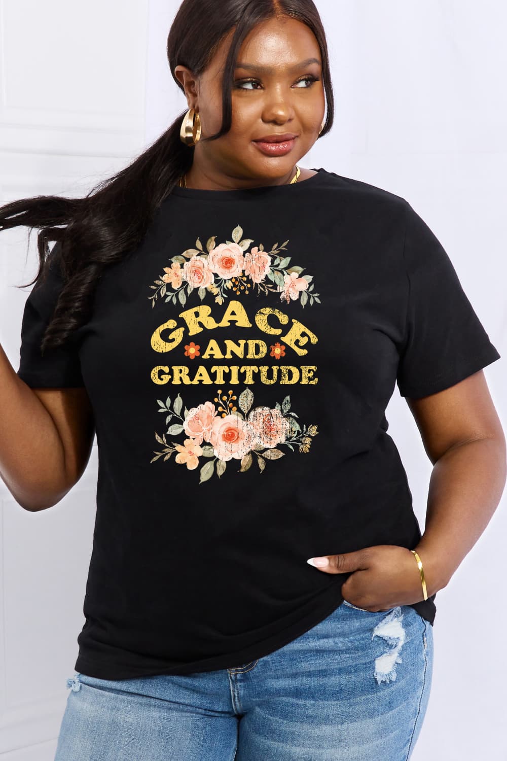 Simply Love Simply Love Full Size GRACE AND GRATITUDE Graphic Cotton Tee-Jewearrings