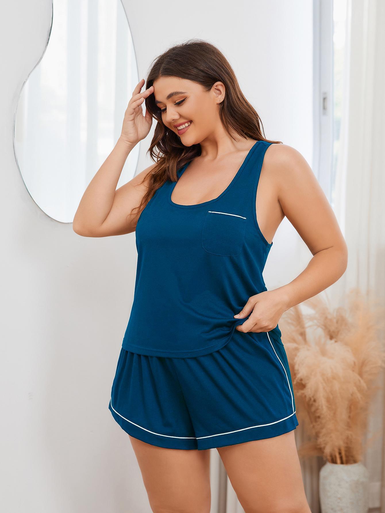 Plus Size Contrast Piping Racerback Tank and Shorts Lounge Set-Jewearrings