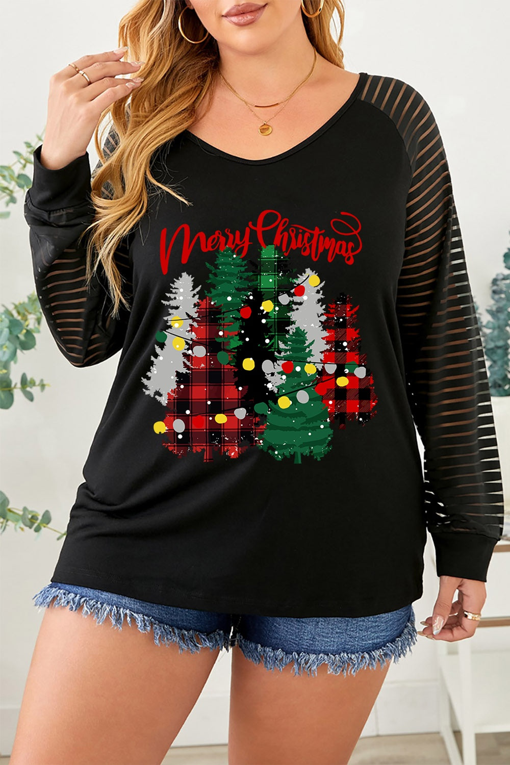 Plus Size Christmas Tree Striped Round Neck T-Shirt-Jewearrings