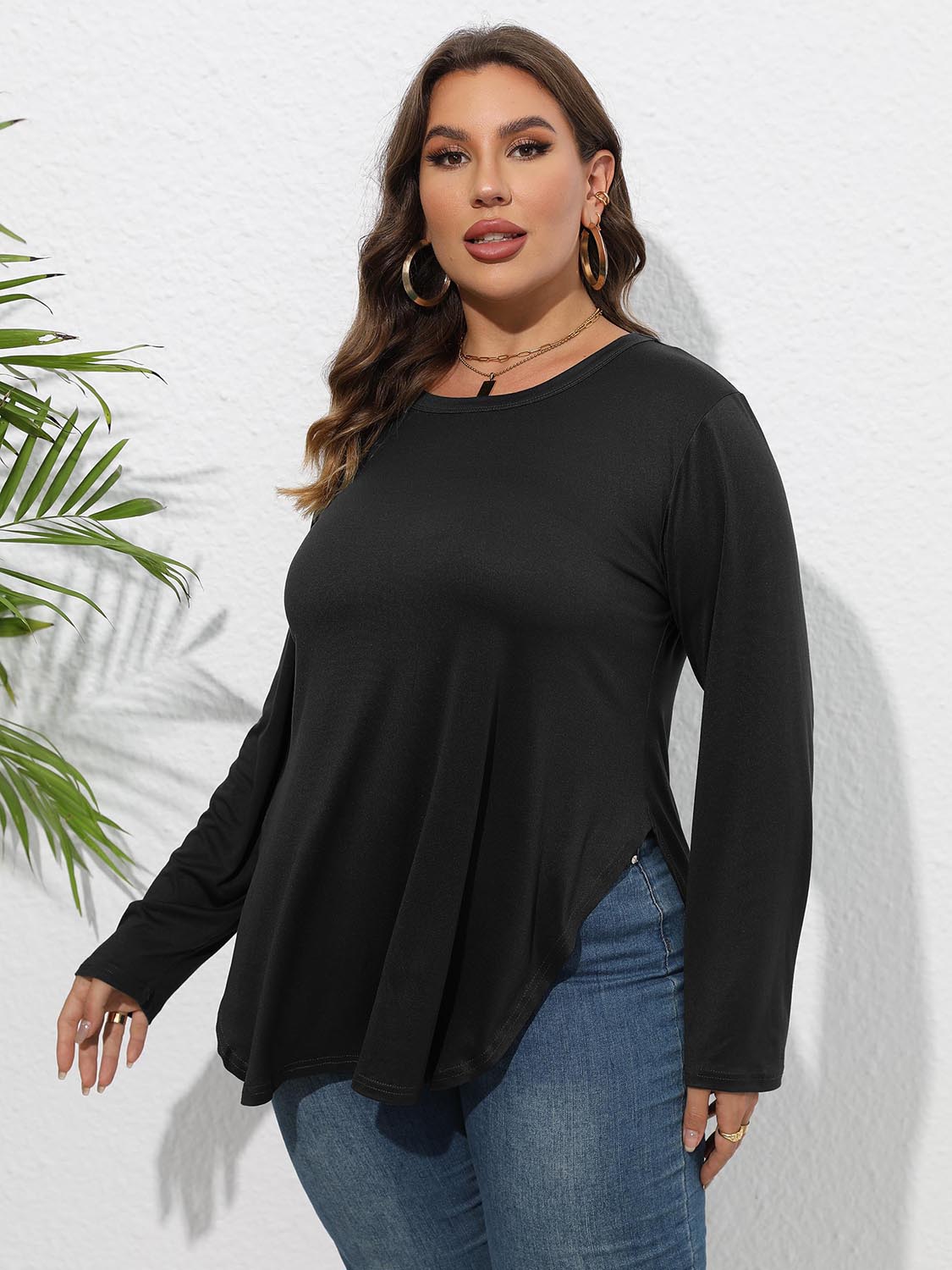 Plus Size Round Neck Long Sleeve Slit T-Shirt-Jewearrings