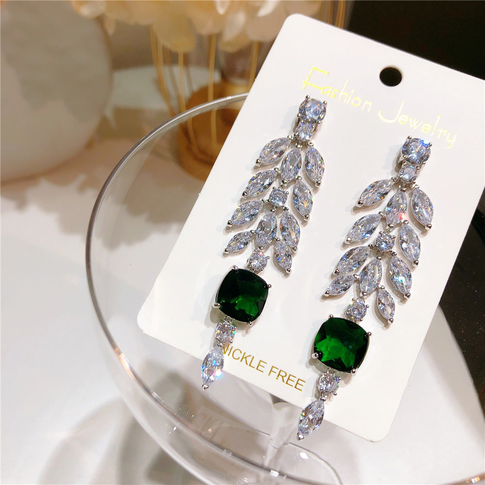 Women's Exaggerated Zircon Leaf Tassel Long Stud Earrings-Jewearrings