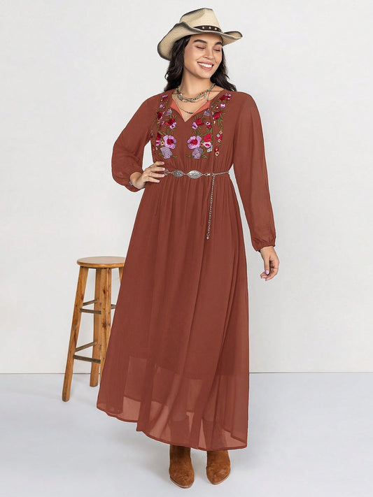 Plus Size Embroidered Tie Neck Long Sleeve Dress-Jewearrings