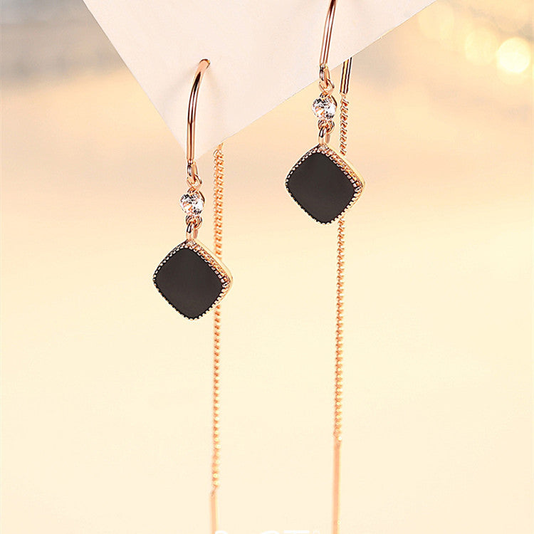 Black Square Tassel Earrings For Women Sterling Silver-Jewearrings