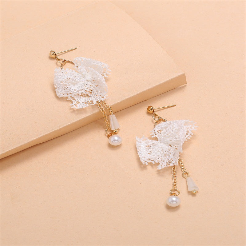 Japanese And Korean Lace Bow Tassel Sweet Earrings-Jewearrings