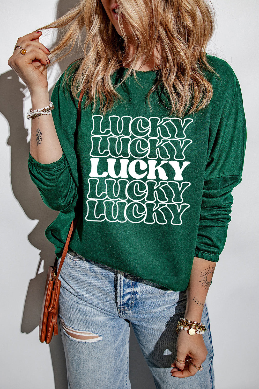 LUCKY Round Neck Dropped Shoulder Sweatshirt-Jewearrings