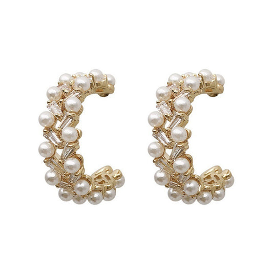 Pearl C-shaped Earrings Female Zircon Micro-set-Jewearrings