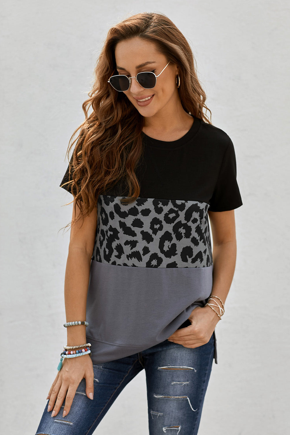 Leopard Print Color Block Short Sleeve T-Shirt-Jewearrings