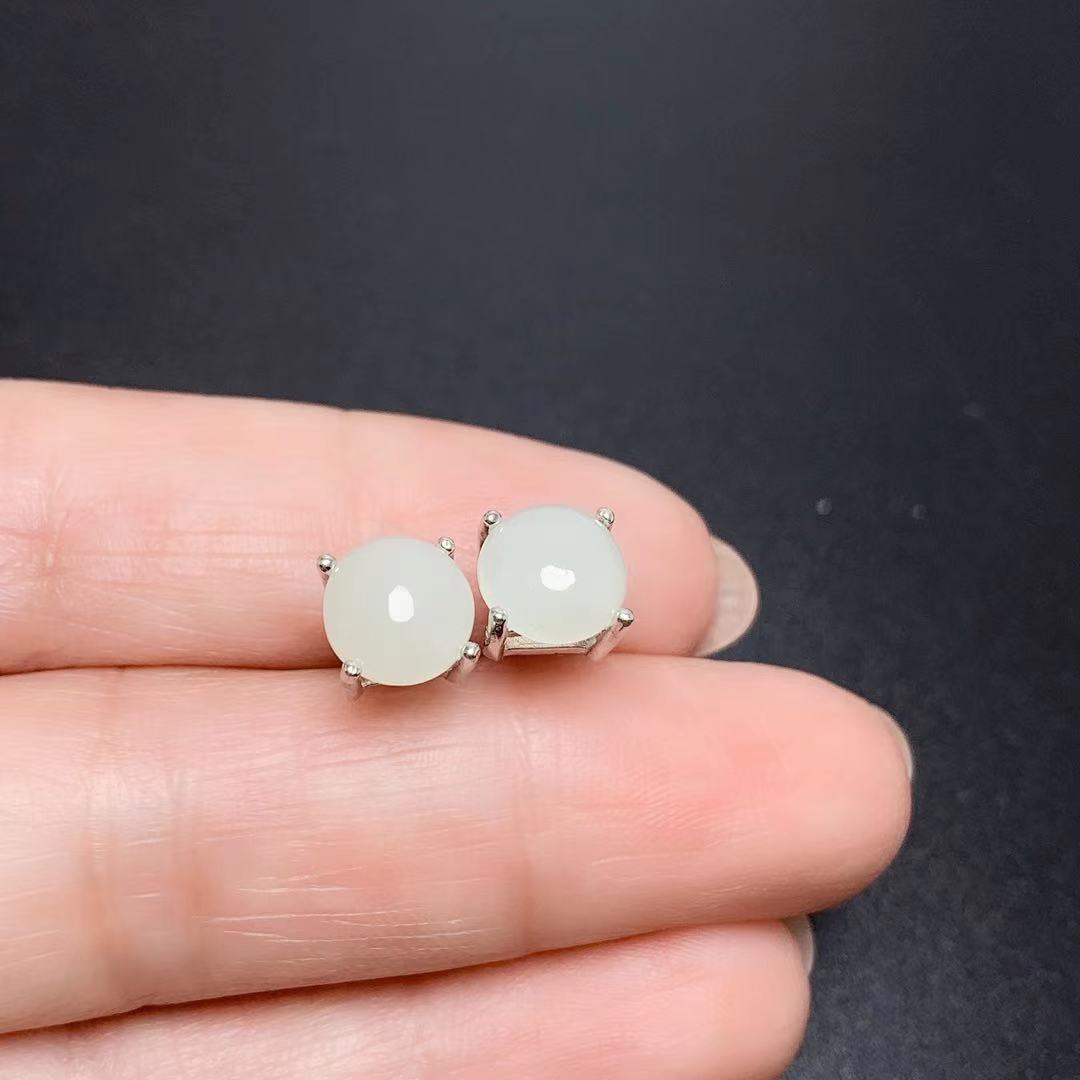 S925 Silver Natural Hetian Jade White Jade Retro Simple All-match Artistic Female Stud Earrings-Jewearrings