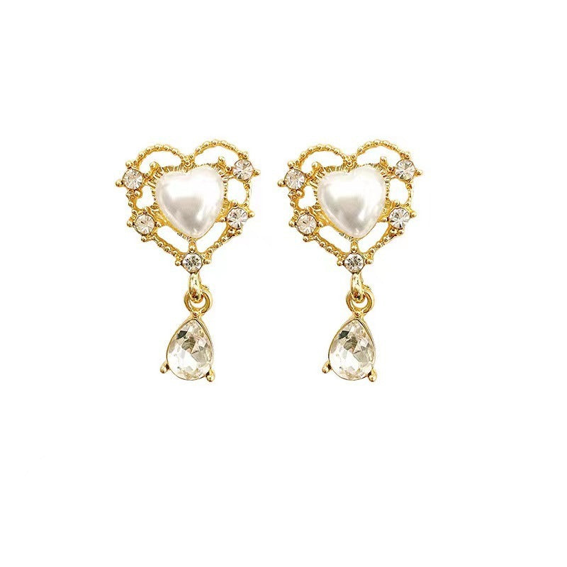 Women's Sterling Silver Needle French Vintage Pearl Love Heart Earrings-Jewearrings