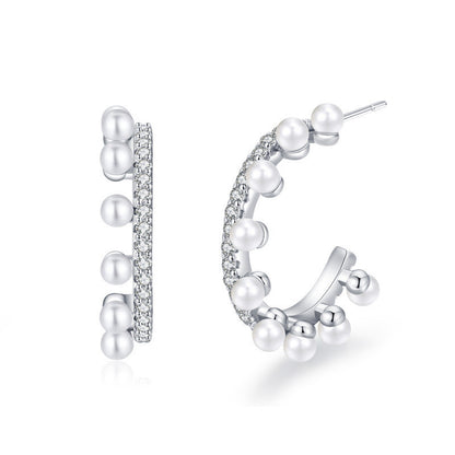 S925 Sterling Silver Curved Pearl Stud Earrings-Jewearrings