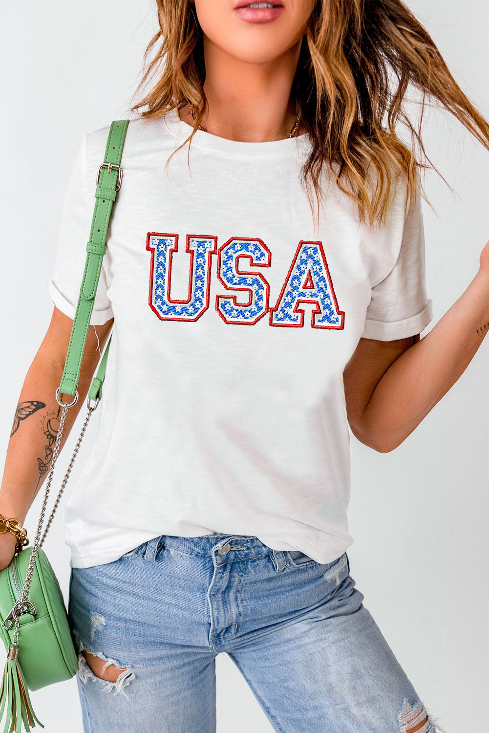 USA Graphic Embroidered Round Neck T-Shirt-Jewearrings