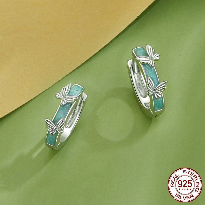 Simple Green Butterfly Ear Clip S925 Sterling Silver Earrings Jewelry-Jewearrings