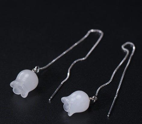 White Jade Wind Chimes Silver Earrings Retro Ethnic Style Earrings Simple Lady-Jewearrings